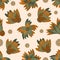 Wild meadowflower blossom seamless vecor pattern background. Ochre and sage green painterly florals with circles on