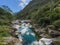 Wild mountain riverbed with turquoise water of Verzasca, Ticino, Switzerland
