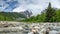 Wild mountains Tetnuldi and Gistola over glacier Lardaad. Svaneti mountain landscape