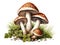 Wild mushrooms isolated on white, wild fungus with grass, ferns and moss, generated ai