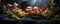 Wild mushrooms on a log in the forest, panoramic view, generated by ai