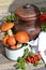 Wild Mushrooms, Red-Capped Boletes, rustic ceramic jug, red rowan berries. Vertical photo