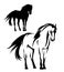 Wild mustang horse black and white vector outline and silhouette