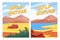 Wild nature card design. Cartoon savannah landscapes with sand, lake and stones