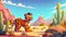 Wild nature cartoon web banner. Baby tiger cub hunting in African desert natural landscape. Zoo park in deserted Africa