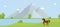 Wild nature reserve flat vector illustration. Beautiful countryside landscape, scenic panorama with mountains, lake and