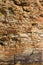 Wild open surface of coquina stone in bright sunshine, detail of stone cliff, light and shadow play in cracks and fissures