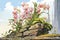 wild orchids thriving on a fallen pillar