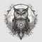 Wild owl with mystic design elements. Occult wise bird black and white symbol in vintage style. Generated AI