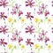 Wild pink and yellow flowers. Watercolor floral botanical pattern, green grass, yellow flower celandine, seeds