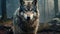 Wild predatory timber wolf close-up against the backdrop of a dense forest