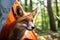 Wild red fox inspecting a camp tent in the forest