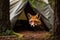 Wild red fox inspecting a camp tent in the forest