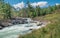 Wild river in the mountains of Siberia. A stormy stream, a fallen tree, summer