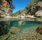 Wild river with rocks over underwater split view