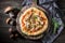 Wild and rustic pizza with noble mushrooms and herbs