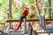 Wild Scarlet Macaw & x28;Ara macao& x29; perched on chair in a restaurant in Costa Rica