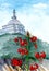 Wild siberian lilies on Ogoy island on Baikal lake against the backdrop of a Buddhist stupa , watercolor graphice drawing, travel