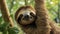 Wild sloth hanging on tree with funny face and relaxed look. Generative AI