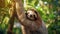 Wild sloth hanging on tree with funny face and relaxed look. Generative AI