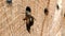 Wild solitary bees Osmia Bicornis flying in front of an insect hotel shelter box in springtime. made of wood trunk