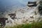 Wild stone beach, rocks on the seashore, rocky coast, cliff.