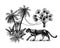 Wild tiger and exotic plants. Tropical trees. Eastern landscape. Exotic nature. Linear Jungle. Hand drawn sketch in