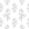 Wild tulip flowers stem leaves seamless pattern texture. Black white outline sketch drawing.