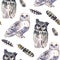 Wild watercolor hand painting pattern with animals. Repeating background. Owls.