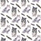 Wild watercolor hand painting pattern with animals. Repeating background. Owls.