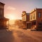 Wild west abandoned frontier town with wooden buildings. sunset