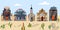 Wild west buildings on road horizontal background. Western American town panorama in wilderness vector illustration