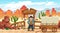 Wild west cartoon illustration with cowboy, skull, wanted poster and mountains. Vector western illustration