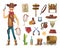 Wild west cartoon. Saloon cowboy western lasso symbols vector pictures isolated