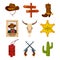 Wild west collection icons. Western illustrations at cartoon style. Boots, guns, cactus and skull