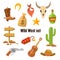 Wild west cowboy flat clip-art with pistol, money in bag, hat isolated vector illustration. Set for a real cowboy. Vector