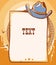 Wild West cowboy paper background for text. Vector western illustration with cowboy hat and lasso on American desert landscape