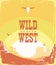 Wild West cowboy paper background for text. Vector western illustration with cowboy hat and lasso on American desert landscape