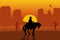 Wild west gunslinger in a raincoat riding a horse. Background the desert.