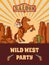 Wild west invite party template vector illustration. Vintage western poster and cowboy party flyer or invitation