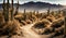 Wild West journey: Dusty road winds through arid land