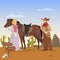 Wild west landscape. Cowboy character with horse