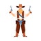 Wild west man bandit cowboy in hat and mask hold weapon handguns.