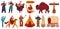 Wild West, native Americans and cowboys, set of isolated icons and people, vector illustration
