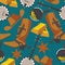 Wild west objects for gold rush or cowboy in seamless pattern on blue background. Flat wrangler boots, gold bar, puncher hat, banj