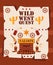 Wild West quest poster, vector illustration. Cartoon style symbols of American western cowboy adventures. Wild west