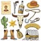 Wild west, rodeo show, cowboy or indians with lasso. hat and gun, cactus with sheriff star and bison, boot with