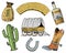 Wild west, rodeo show, sheriff, cowboy or indians. cart and wooden signboard, money bag, boot with horseshoe, whiskey