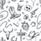 Wild West seamless pattern. Vector hand drawn sketch illustration. Cowboy hat, spur boots, cow skull on white background