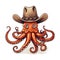 Wild west style Octopus wearing a cowboy hat, isolated on white